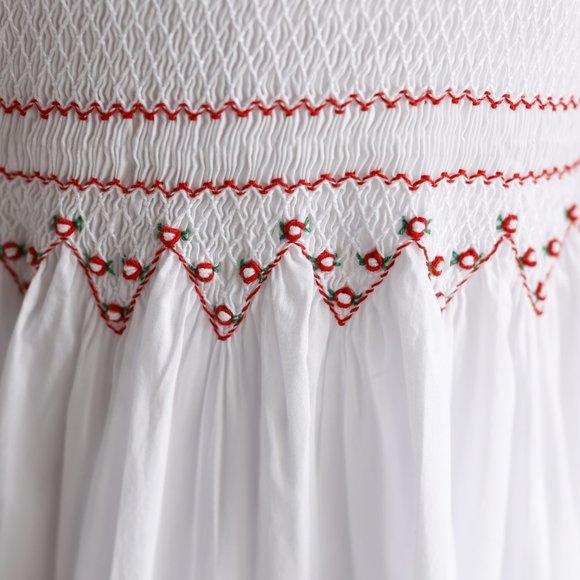 Strasburg Smocked Dress White with Red Trim Special Occassion Portrait - Picture 3 of 7